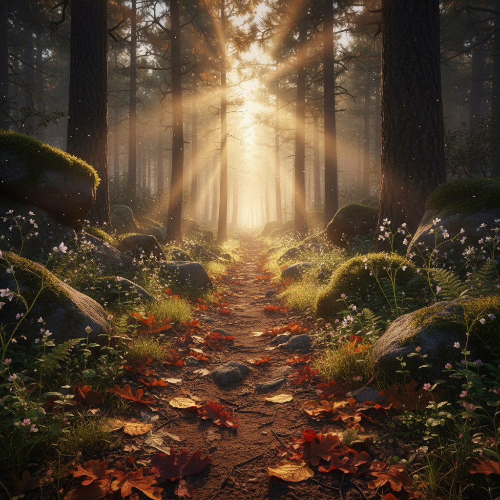 A narrow, winding forest path of packed earth and scattered leaves leads forward into a misty distance, symbolizing a journey of faith "along the way." Moss-covered stones and delicate wildflowers line the trail, their textures richly detailed. Early golden-hour light filters diagonally through tall, dark tree trunks, creating radiant shafts that pierce the soft fog and highlight tiny dewdrops on leaves. Photographic realism, captured from a low, forward-facing angle as if standing at the path’s beginning, with a strong sense of depth drawing the eye toward the glowing, slightly blurred horizon, inviting contemplative reflection on past and future steps guided by quiet miracles.