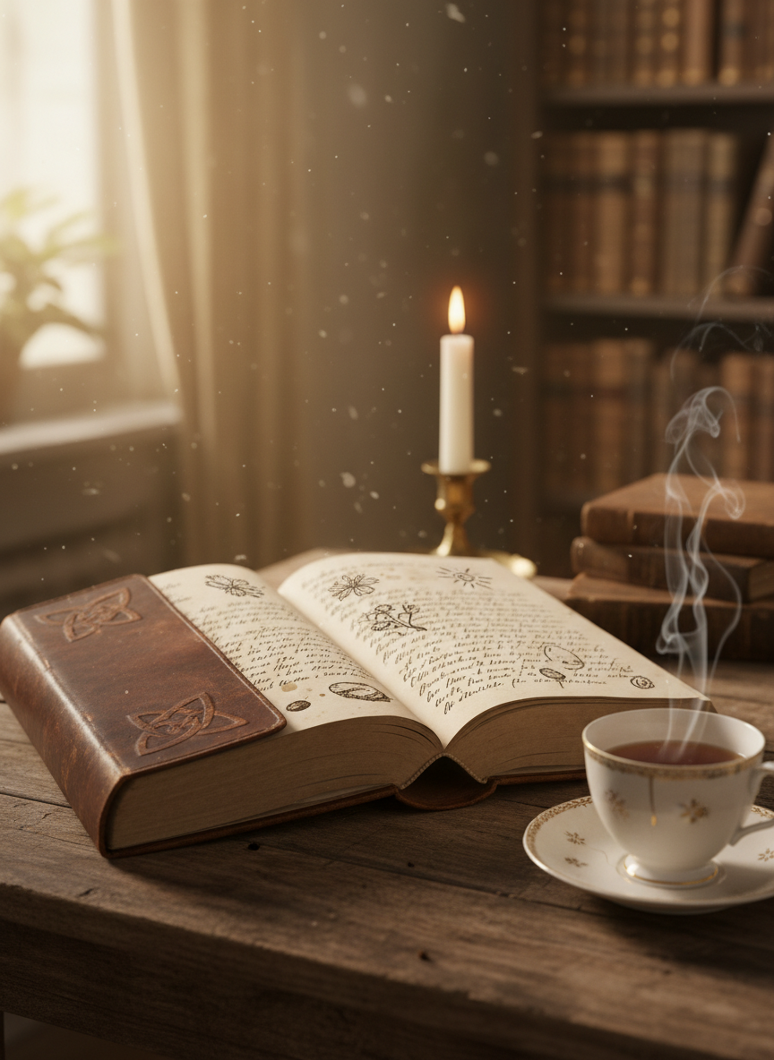 A well-worn leather-bound journal lies open on a simple wooden table, its creamy pages filled with flowing, illegible handwriting and faint smudges of ink, as if documenting quiet miraculous moments in everyday life. A delicate porcelain teacup with faint gold trim rests nearby, a thin curl of steam rising. Soft morning sunlight pours in from an unseen window, casting long, gentle shadows and illuminating dust motes suspended in the air. Photographic realism, shot at eye level with a shallow depth of field, keeping the journal in crisp focus while the background of blurred bookshelves and a single lit candle recedes into a calm, sophisticated glow, evoking reflective faith and gratitude in the daily.