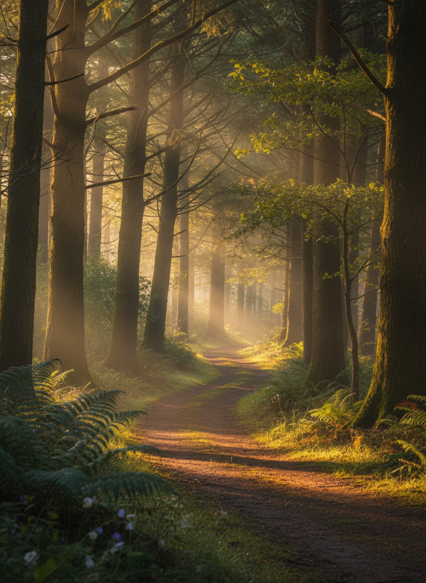 A soft, contemplative scene of a winding path through a sunlit forest in early morning, dappled light filtering through tall trees, mist hanging low near the ground, evoking a sense of journey, wonder, and quiet faith. Photographic realism, shallow depth of field, warm golden tones, portrait orientation.