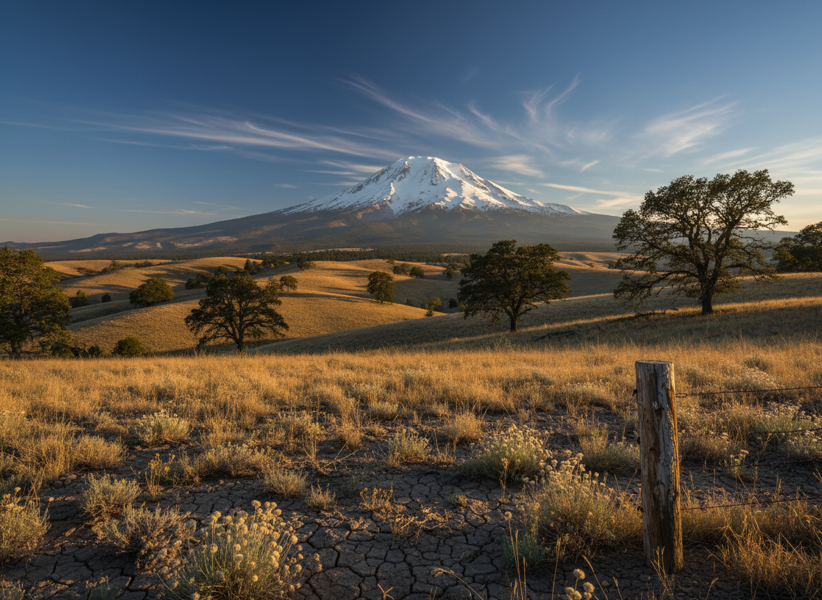 A wide panoramic view of Mount Shasta seen from the foothills — shot in the style of a fine art landscape photograph. Late afternoon light, long dramatic shadows stretching across dry golden grasses and scattered oaks. The volcanic peak rises vast and ancient against a deep cobalt sky streaked with high cirrus clouds. Foreground: textured earth, dried wildflowers, a weathered wooden fence post. Painterly depth of field. No people, no watermarks, no logos, no text. Raw, elemental, deeply atmospheric. Not a stock photo. Not sterile. Real and alive.
